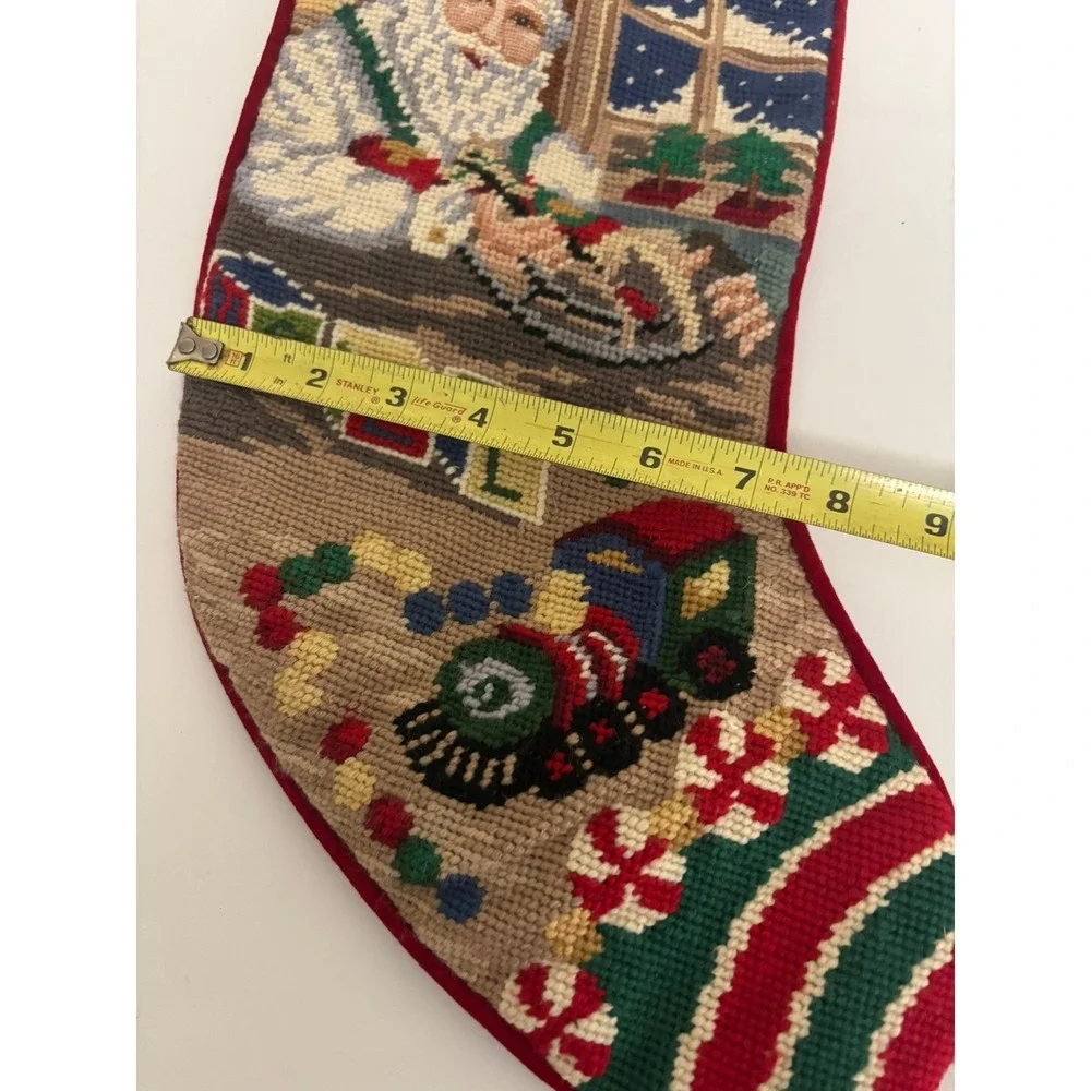 Vintage Needlepoint Christmas Stocking Santa Workshop Train Velvet Back 20 inch